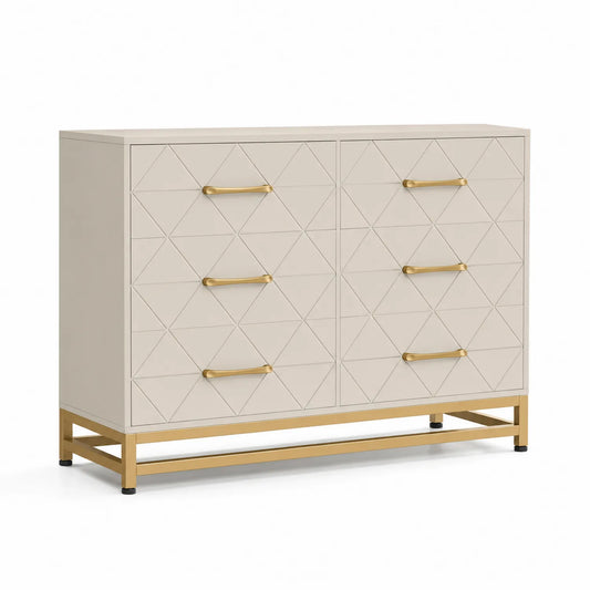 Commode 6 tiroirs en bois avec pieds en métal doré