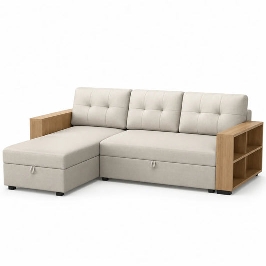 Canapé d'angle convertible en tissu beige avec rangement et accoudoirs en bois 200x140x80 cm