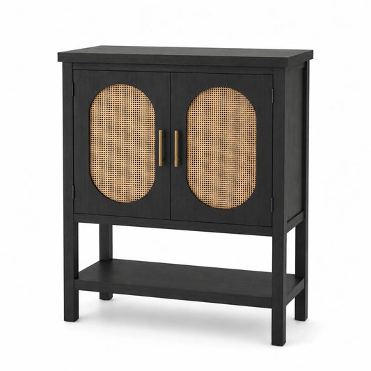Buffet en Bois avec Portes en Rotin Noir/Beige