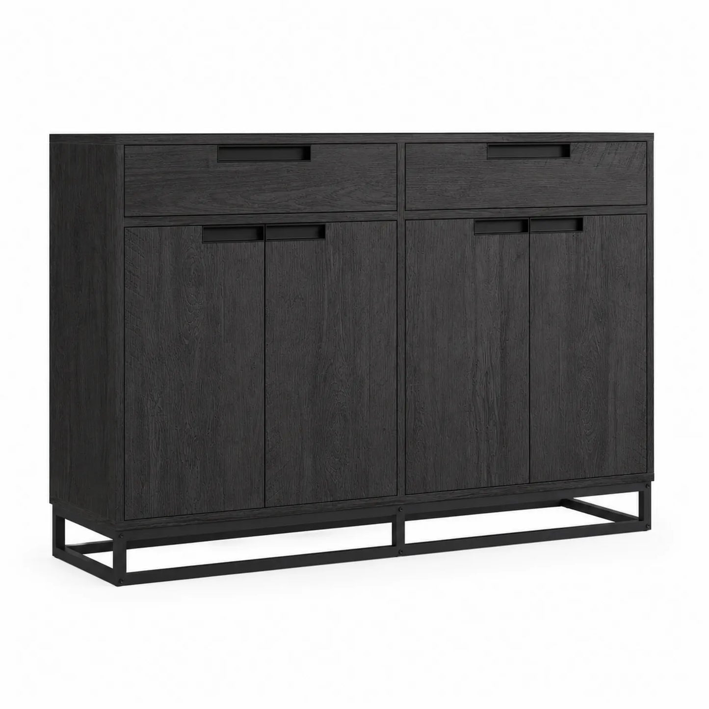 Buffet en Bois Noir avec Structure Métallique, 2 Tiroirs et 4 Portes, 120x40x85 cm