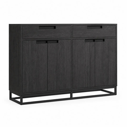 Buffet en Bois Noir avec Structure Métallique, 2 Tiroirs et 4 Portes, 120x40x85 cm