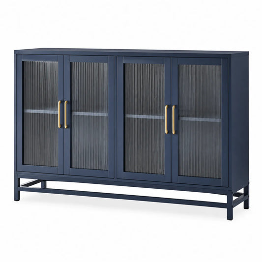 Buffet en métal et verre nervuré bleu avec poignées dorées